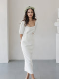 Short Sleeve Sheath Column Satin Ankle Length Wedding Dress