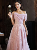 Off The Shoulder Tulle A Line Sparkle Prom Dress