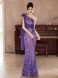 Flower Sequin Trumpet Merm Shoulder Purple Prom Dressaid One