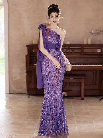 Flower Sequin Trumpet Merm Shoulder Purple Prom Dressaid One