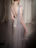 Sheath Column V Neck Shawl Silver Sequin Prom Dress