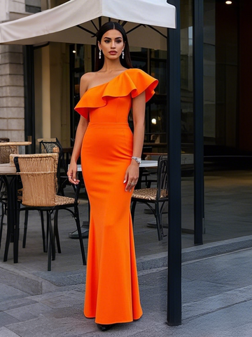 Ruffles Orange Trumpet Mermaid Off The Shoulder Prom Dress