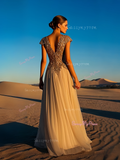 Chiffon Appliques A Line Cap Sleeve Gold V Neck Prom Dress