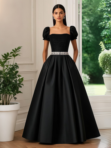 Beading Square Neck Black Puffy Sleeve Satin Prom Dress