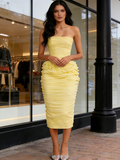 Ruched Spandex Sheath Column Yellow Strapless Prom Dress