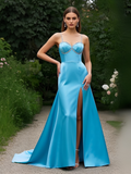 Beading A Line Sky Blue Spaghetti Straps Prom Dress With Slit