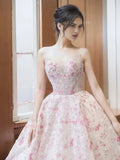 A Line Sweetheart Pink Sequin Flower Prom Dress