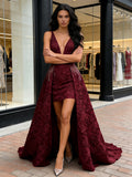 V Neck Beading High Low A Line Burgundy Prom Dress