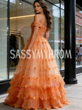 Beading Ruffles Orange Off The Shoulder A Line Tulle Prom Dress