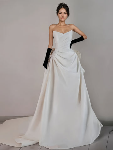 Ruched Bow A Line Satin Sweetheart Wedding Dress