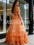 Beading Ruffles Orange Off The Shoulder A Line Tulle Prom Dress