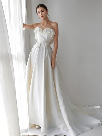 Sleeveless Strapless A Line Satin Ruffles Wedding Dress