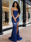 Trumpet Mermaid Flower Blue Strapless Prom Dress With Slit
