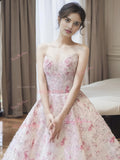 A Line Sweetheart Pink Sequin Flower Prom Dress