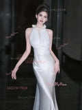 Trumpet Mermaid Halter Flower Satin Wedding Dress