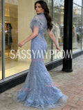 Feather High Neck Short Sleeve Blue Tulle Mermaid Prom Dress