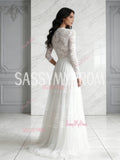 Lace Scoop Long Sleeve White Tulle A Line Wedding Dress