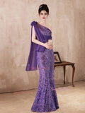 Flower Sequin Trumpet Merm Shoulder Purple Prom Dressaid One