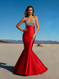 Trumpet Mermaid Satin Red Beading Sweetheart Prom Dress