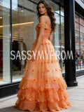 Beading Ruffles Orange Off The Shoulder A Line Tulle Prom Dress