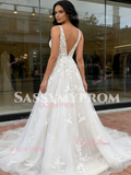 Appliques Tulle V Neck A Line Wedding Dress