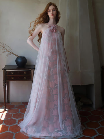 Tulle Halter A Line Floral Pink Prom Dress