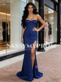 Trumpet Mermaid Flower Blue Strapless Prom Dress With Slit