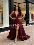 V Neck Beading High Low A Line Burgundy Prom Dress