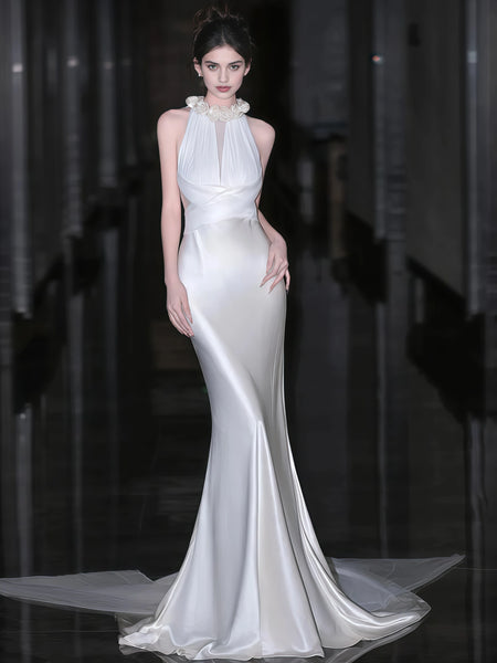 Trumpet Mermaid Halter Flower Satin Wedding Dress – Sassymyprom