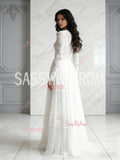 Lace Scoop Long Sleeve White Tulle A Line Wedding Dress