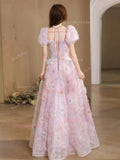 Flower Pink A Line Tulle Short Sleeve Prom Dress