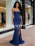 Trumpet Mermaid Flower Blue Strapless Prom Dress With Slit