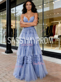 Pleats Tulle V Neck Sparkle Light Ruffles Prom Dress