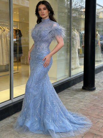 Feather High Neck Short Sleeve Blue Tulle Mermaid Prom Dress