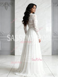 Lace Scoop Long Sleeve White Tulle A Line Wedding Dress
