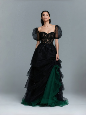 Square Black Lace Tulle Green Puffy Sleeve Wedding Dress