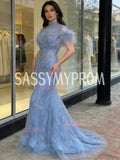 Feather High Neck Short Sleeve Blue Tulle Mermaid Prom Dress