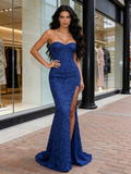 Trumpet Mermaid Flower Blue Strapless Prom Dress With Slit