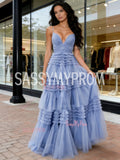 Pleats Tulle V Neck Sparkle Light Ruffles Prom Dress