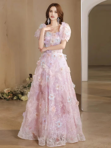 Flower Pink A Line Tulle Short Sleeve Prom Dress