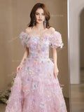 Flower Pink A Line Tulle Short Sleeve Prom Dress