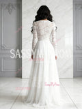 Lace Scoop Long Sleeve White Tulle A Line Wedding Dress