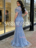 Feather High Neck Short Sleeve Blue Tulle Mermaid Prom Dress