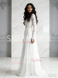 Lace Scoop Long Sleeve White Tulle A Line Wedding Dress