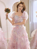 Flower Pink A Line Tulle Short Sleeve Prom Dress