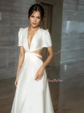 V Neck Backless White Satin Short Sleeve Wedding Dress