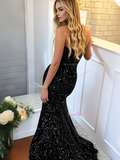 Sheath Column Sweetheart Black Sequin Prom Dress With Slit