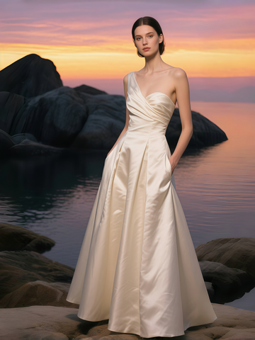 Satin A Line One Shoulder Wedding Dress With Pockets