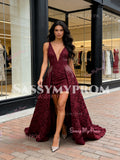V Neck Beading High Low A Line Burgundy Prom Dress