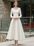 Square Satin A Line Tea Length Long Sleeves Wedding Dress